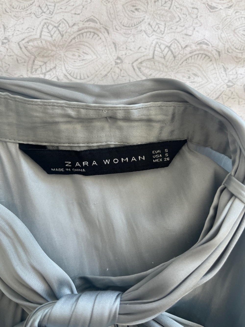 Zara - Dusty Blue Satin Bow-Neck Blouse - Picture 5 of 9